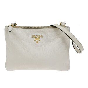 PRADA Logo Crossbody Mini Shoulder Bag Leather White GHW